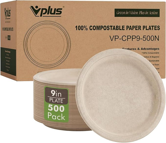 Vplus 500 Pack Paper Plates 9 inch 100% Compostable, Heavy-Duty Disposable Paper Plates Bagasse Natural Biodegradable Eco-Friendly Sugarcane（Nature）