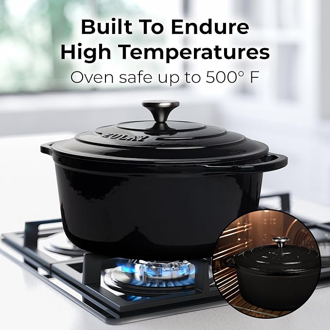 Zulay Kitchen 5 Quart Enameled Cast Iron Dutch Oven Pot with Lid ??Premium Durability & Oven Safe up to 500째F ??Heavy Duty Cookware Perfect for Bread Baking, Stews, Braising & Roasting ??Black