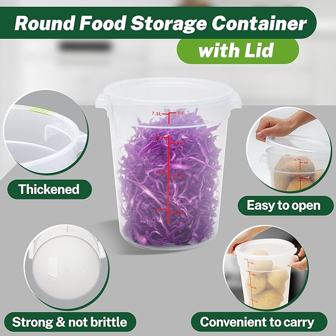 Round Food Storage Container with Lid, 8Qt Translucent, Commercial 4 Pack of ??NSF Listed, BPA-Free, Polypropylene, Non-Stick, Scale, with Labels & Measuring Cups