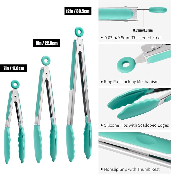 Doosu Kitchen Tongs for Cooking - 600째F Heat Resistant Food Tong Set with Non-Scratch Silicone Tips, Heavy Duty Stainless Steel Locking Tong for BBQ, Grilling Steak, Serving (7+9+12in, Aqua Sky)