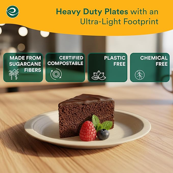 ECO SOUL Compostable Paper Plates 6 Inch (200 Count) Plates for Christmas Dessert, Heavy Duty, Eco-Friendly Sugarcane Bagasse Small Plates For Appetizer- Natural Brown