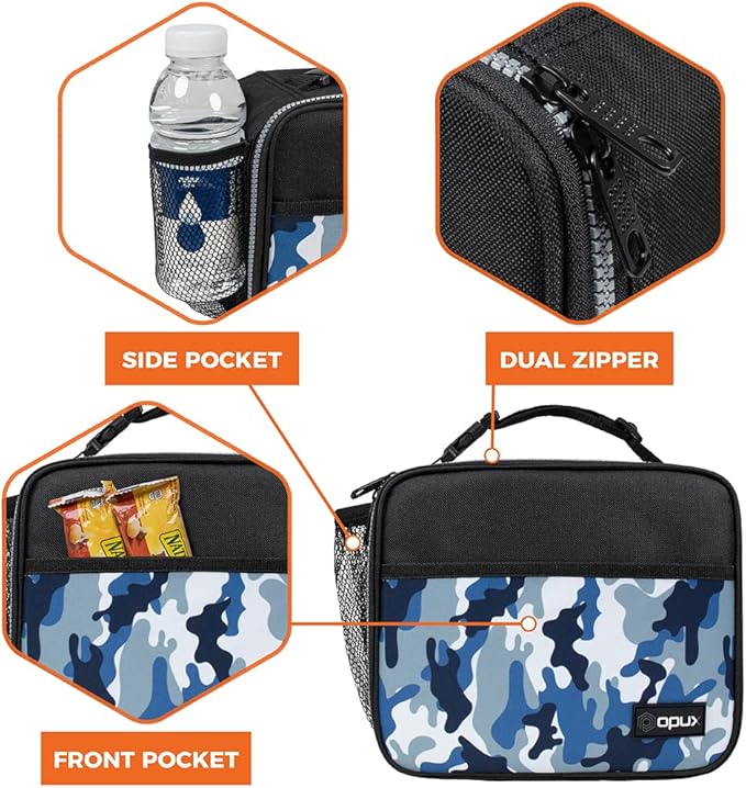 opux Insulated Lunch Bag Kids, Lunch Box for School Boy Girl, Leakproof Small Reusable Compact Soft Mini Cooler Bag, Toddler Small Lunch Boxes Kit Pail with Front Side Pockets (Camo Blue)