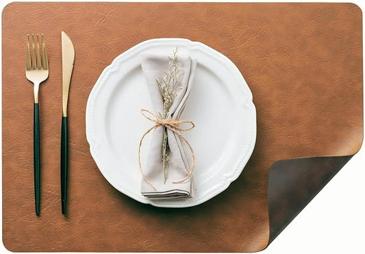 DOLOPL Thanksgiving Placemats Set of 8 Reversible Dual-Color Table Placemats ??Heat Resistant Wipeable & Washable Place Mats, Luxury Faux Leather Table Mats for Table Decor (Reddish Brown & Brown)