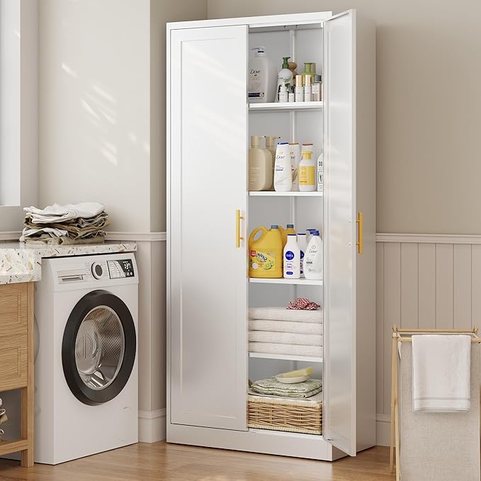 CJF 71" H Metal Kitchen Pantry Storage Cabinet, Freestanding Cupboard with 2 Doors and 4 Adjustable Shelves, Standing Storage for Kitchen, Bathroom, Garage, Dinning Room or Utility Room（White）