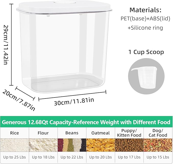 Airtight Rice Container 25 Lbs with Handle and Cup ??12.68Qt Large Flour Sugar Storage Container with Pop Up Seal & Hanging Lid Hooks, Clear Tall Food Storage Bin for Kitchen Pantry Organization