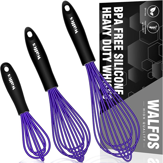 Walfos Whisk,7+9+11in Silicone Whisks for Cooking Non Scatch,Kitchen Whisk,BPA Free and Heat Resistant 480째F,Wisk Perfect for Frothing,Blending,Beating.Dishwasher Safe 3pcs Dark Purple