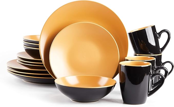 Stoneware Two-Tone Colors Life 16pc Dinner Set竊똎utside Shiny Black + Inside Matte Glaze Curry