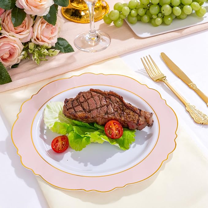 WDF 60pcs Pink Plastic Plates - 10.25inch Baroque Pink And Gold Disposable Dinner Plates for Upscale Parties -Special for Valentine's Party, Wedding, Birthdays