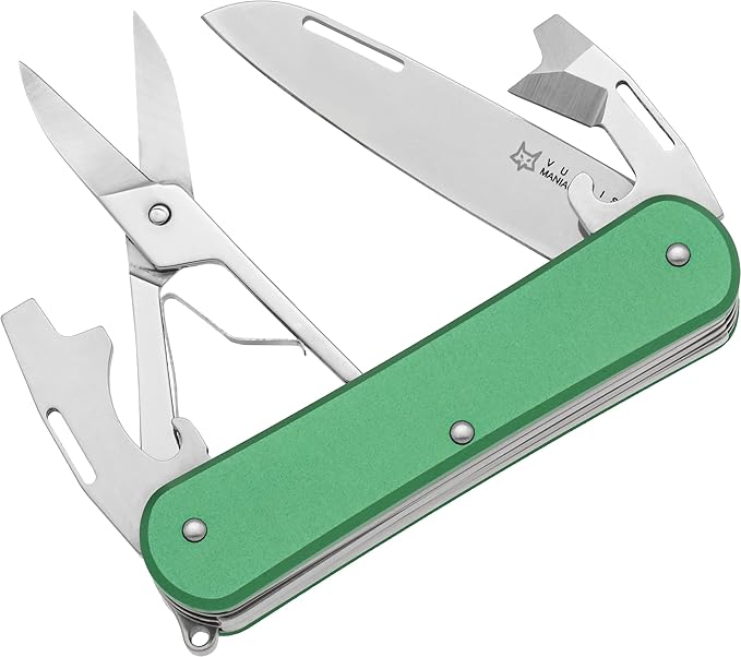 Fox Knives Vulpis FX-VP130-F4 Slipjoint Folding Knife 4-in-1 Multitool 2.17in Blade, Bottle Opener, Can Opener, Flat Head Screwdriver, Scissors - Compact Versatile Minimalist Pocket Knife (OD Green)