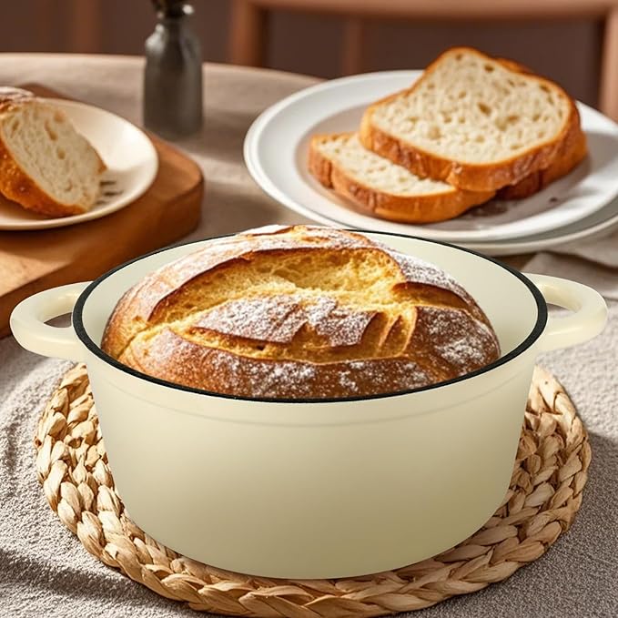 6 Quart Enameled Cast Iron Dutch Oven Pot with Lid and Silicone Accessories, Oven Safe up to 500째F or on Stovetop, Non-stick Dutch Oven for Bread Baking, Cooking, Dual Handles Cookware, Beige