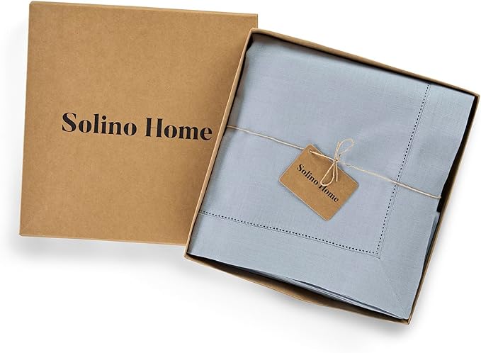 Solino Home Dusty Blue Linen Tablecloth 60 x 144 Inch - 100% Pure Linen Hemstitch Table Cloth for Rectangle Tables - Classic Hemstitch, Machine Washable Tablecloth for Winter, Spring, Easter