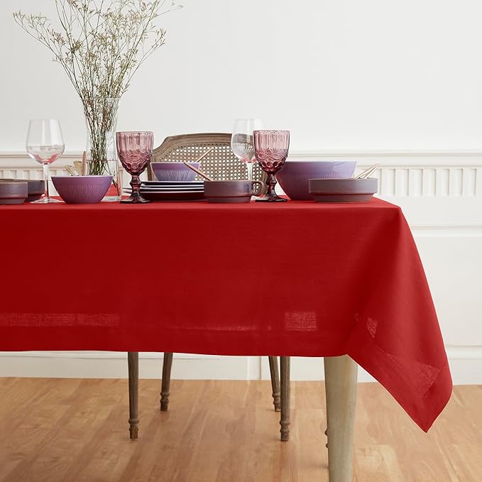 Solino Home Linen Red Tablecloth 60 x 102 Inch - 100% Pure Linen Rectangular Tablecloth - Machine Washable Table Cloth for Valentines, Winter - Fete