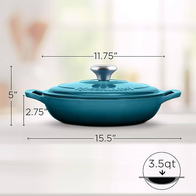 Signature Enameled Cast Iron Braiser, Non-Stick Serving Pot with Tight Fitting Lid for Perfect Roasting, Baking, Sauteing, Searing, and Pan Frying | 3.5Q (3.3L) - Ocean Blue