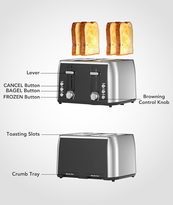Cowsar 4 Slice Toaster, Compact Toaster with Extra Wide Slots for Toasting Bread, Bagel, Cancel/Bagel/Defrost Function, Dual Independent Controls, 6 Shade Settings, Removable Trays, Brushed Stainless
