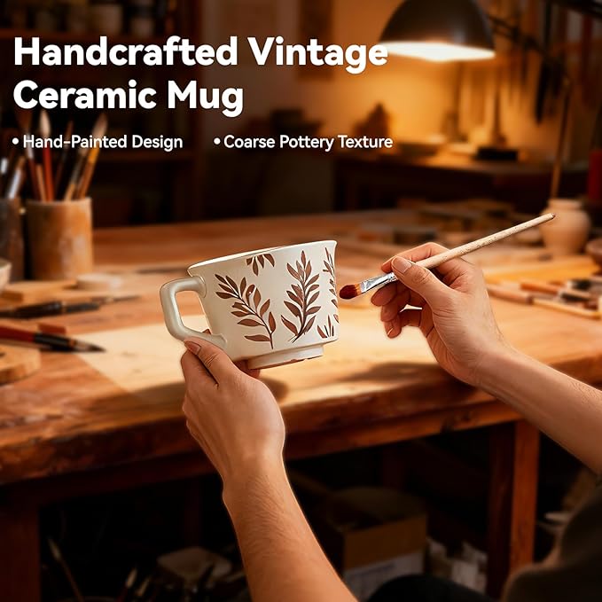 Ceramic Coffee Mugs Set, 12 oz Vintage Tea Cups with Handle for Latte, Cappuccino, Espresso, Mocha, Hot Tea, Dishwasher & Microwave Safe for Families and Couples Gifts竊늆et of 2 Bean Leaves