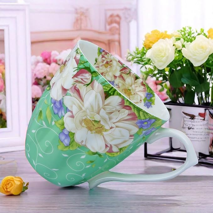 14oz Bone China Coffee Mugs for Women Floral Coffee Mug Tea Cups Novetly Coffee Cups Gift for Women Mom Friends (Green Magnolia)