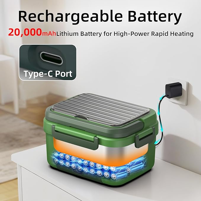 XL 6.3-Cups Cordless Electric Heated Lunch Box for Adults, 20000mAh Rechargeable Battery Powered Smart Self Heating Lunchbox for Men Women, 100W Food Warmer for Trucks Driver Travel Office Worker