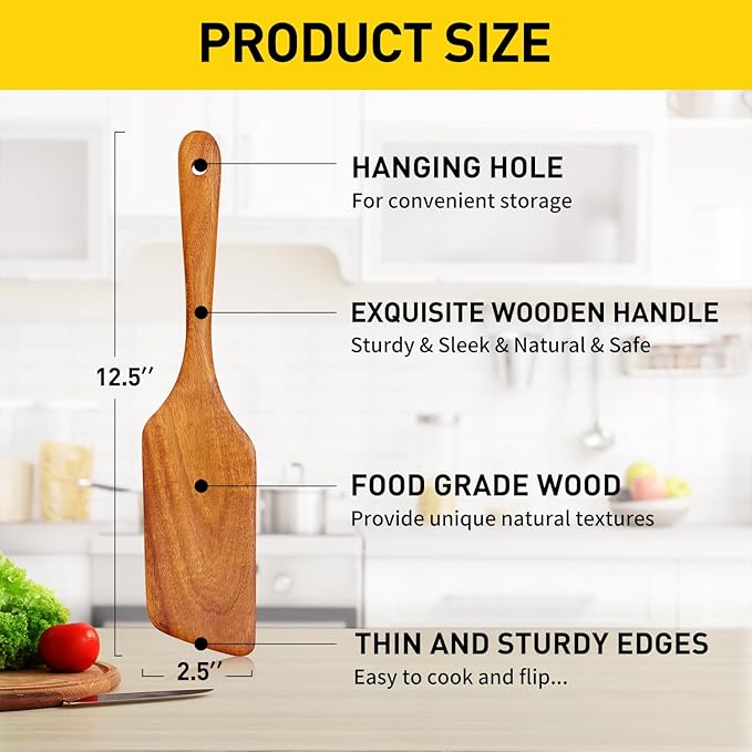 Best Non Toxic Wooden Spatula for Cooking Utensils Teak Wood Wok Spatulas for Kitchen Spoon Pancake Turner Scraper Spurtle Bamboo Kitchen Utensil Flat Egg Flipper Spatula Long Fish Cooking Spatulas