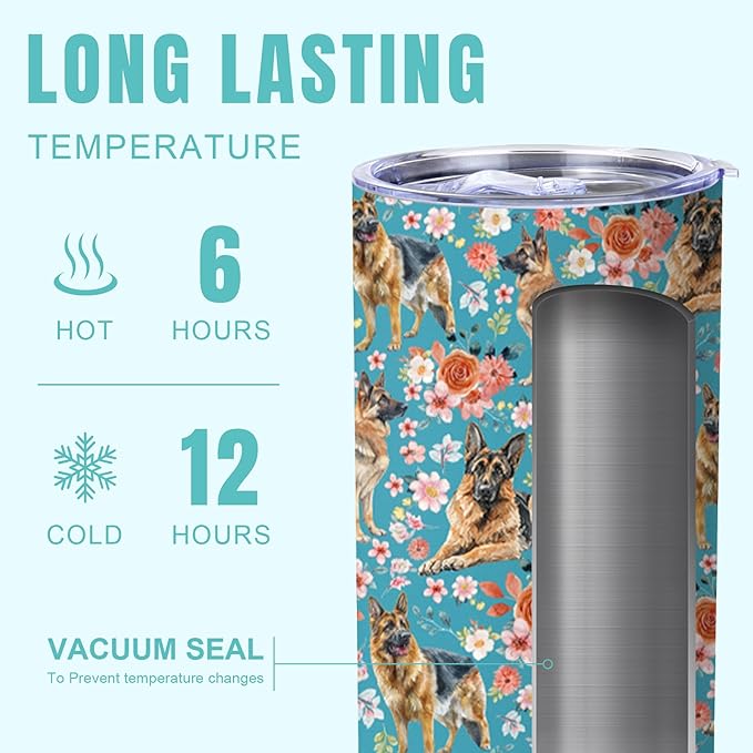 Yogusut German shepherd Gifts for Women, 20oz Stainless Steel Insulated Tumbler Travel Mug Cup with Lid Straw Brush, Gifts for Dog Mom Dog Lover