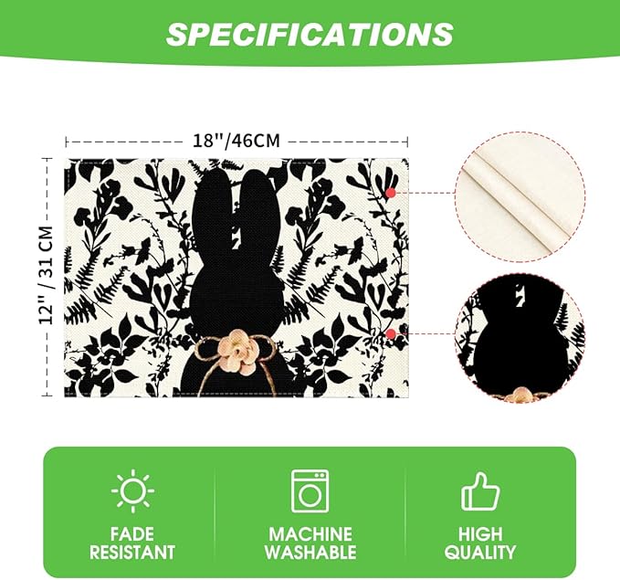 Artoid Mode Black Bunny Leaves Bow Easter Placemats Set of 4, 12x18 Inch Spring Table Mats for Outdoor Home Party Kitchen Dining Decor