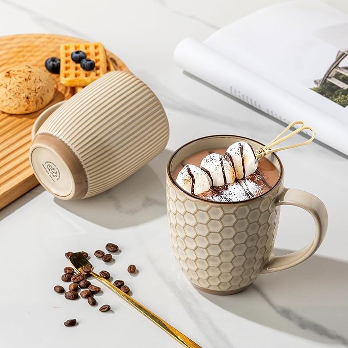 GBhome Large Coffee Mugs Set of 6, 16oz Handmade Embossed Coffee Mugs Set with Large Handle for Cappuccino/Latte/Tea/Hot Cocoa, Dishwasher & Microwave Safe, Khaki