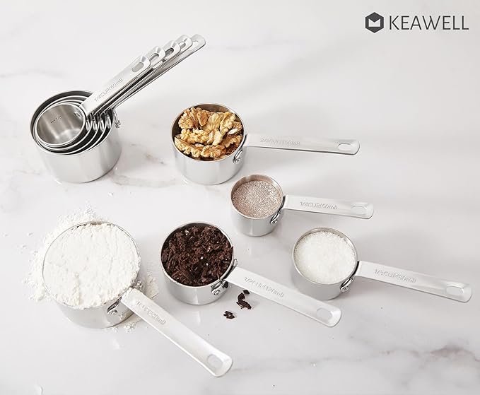 KEAWELL Premium 5-Piece Measuring Cups Set ??/4, 1/3, 1/2, 2/3, and 1 cup-18/10 Stainless Steel - Upscale, Durable, Stackable, Dishwasher Safe (Silver, 5PC Measuring Cups)