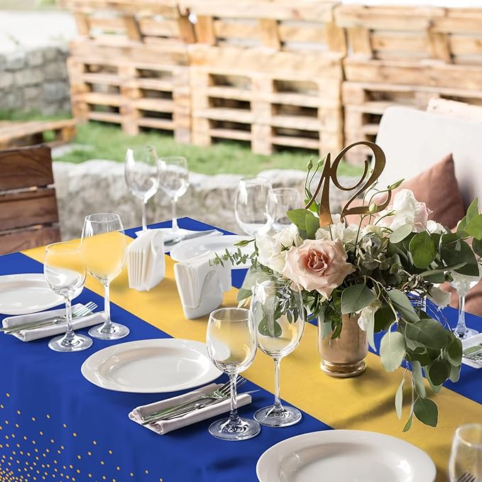 16Pack Disposable Plastic Tablecloths and Satin Table Runner Set Blue and Gold Dot Tablecloth Gold Satin Table Runner for Wedding Birthday Baby Shower Anniversary Christmas New Year Party Decorations