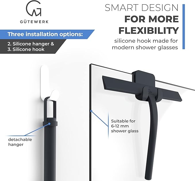 G횥TEWERK Shower Squeegee for Glass Doors, Silicone Window Squeegee, Bathroom and Glass Cleaning - Black - 9 Inch