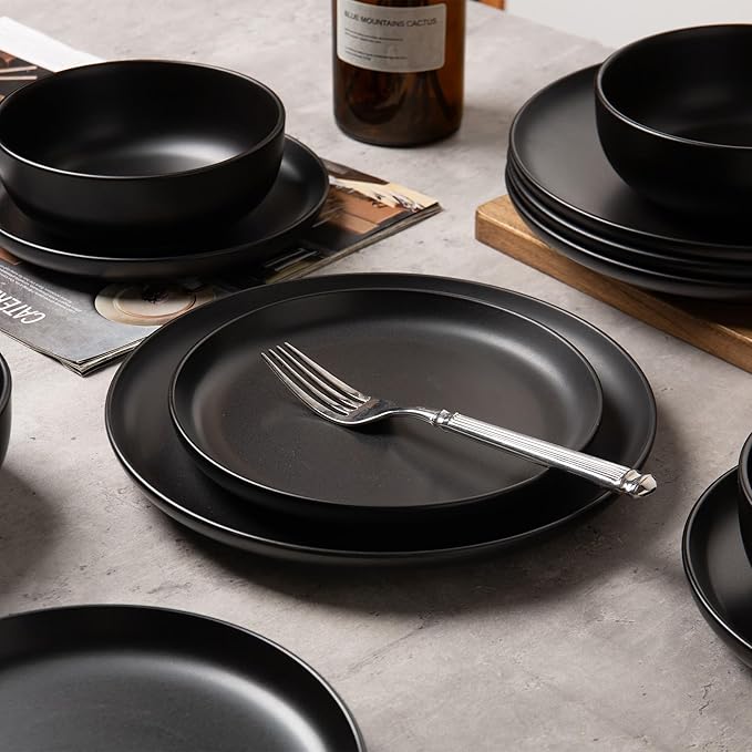 Furrnook 12-Piece Stoneware Dinnerware Set with Mugs | Microwave and Dishwasher Friendly | Stackable Matte Glaze Plates & Bowls | Service for 3 (Black for 4)