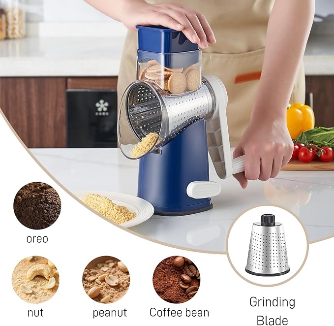 Weltonhm Rotary Cheese Grater with 4 Blades, Hand Crank Cheese Grater with Waffle Slicer, Black and White Cheese Slicer with Suction Base, Easier for Shredding& Grating (Blue, 4 Graters)