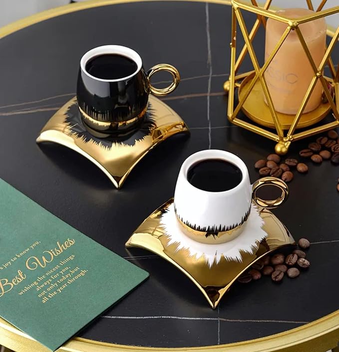 Turkish Coffee Cup Set of 6 with Saucers & Tray - Luxury Arabic Greek Japanese Marble Ceramic Tea Cups for Espresso Cappuccino Latte Mocha, Ideal Gift - 6.7oz,- Assorted Colors