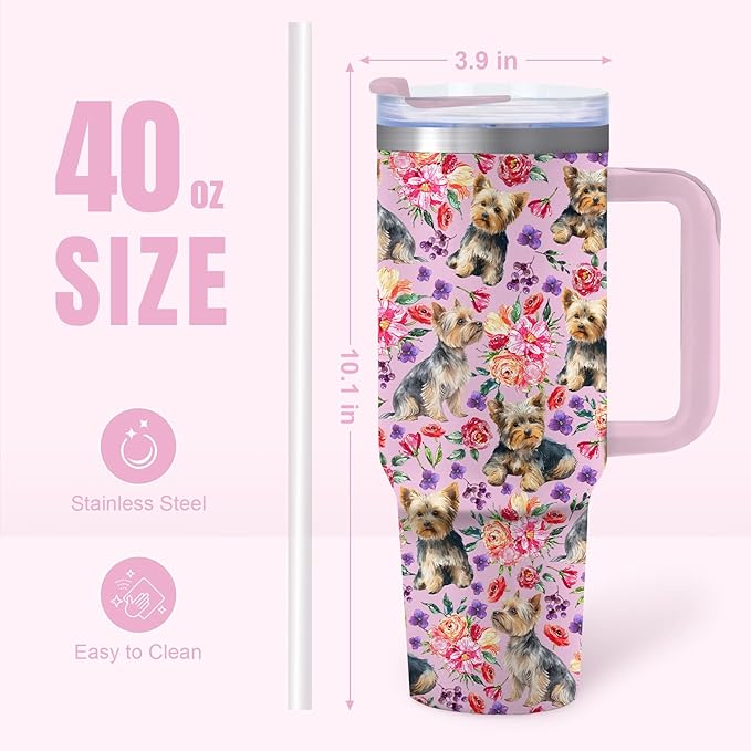 Yogusut Yorkie Gifts for Women, 40oz Stainless Steel Insulated Tumbler Travel Mug Cup with Handle Straw, Gifts for Dog Mom Dog Lover