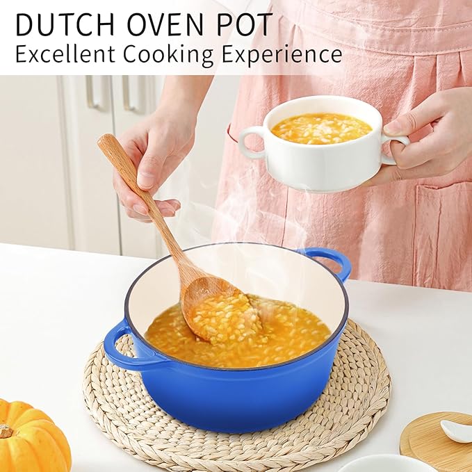 6 Quart Enameled Cast Iron Dutch Oven Pot with Lid, Oven Safe up to 500째F or on Stovetop, Non-stick Dutch Oven for Bread Baking, Cooking, Dual Handles Cookware, Cobalt Blue