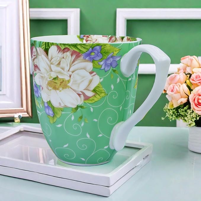 14oz Bone China Coffee Mugs for Women Floral Coffee Mug Tea Cups Novetly Coffee Cups Gift for Women Mom Friends (Green Magnolia)