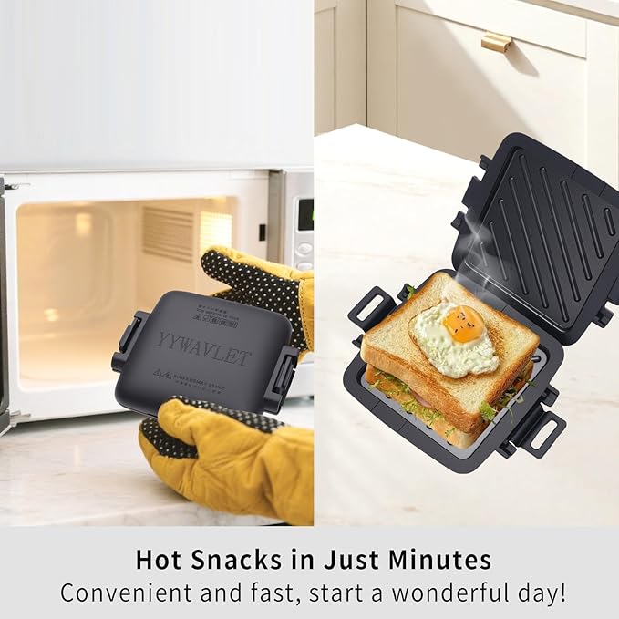 Microwave Sandwich Maker, Heat-Resistant Silicone Rubber Shell, Advanced HeatWave Technology, Non-Stick Plates, Easy to Clean, Makes Toast, Sandwiches, Paninis, Patties(Black)