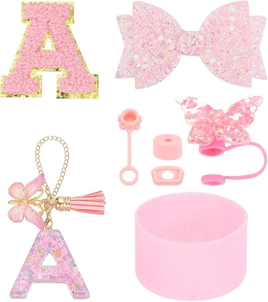 uxcell 8Pcs Cup Accessories Set for Cup Tumbler with Handle, Including Silicone Straw Cover, Boot, Spill Proof Stopper, Handle Charm, Initials Sticker(Letter A, Pink)