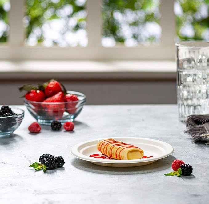 GUSTO [7 Inch - Pack of 125 Heavy-Duty White and Sugarcane Paper Plates, 100% Compostable, Eco-Friendly - Biodegradable Disposable - (Formerly Comfy Package)