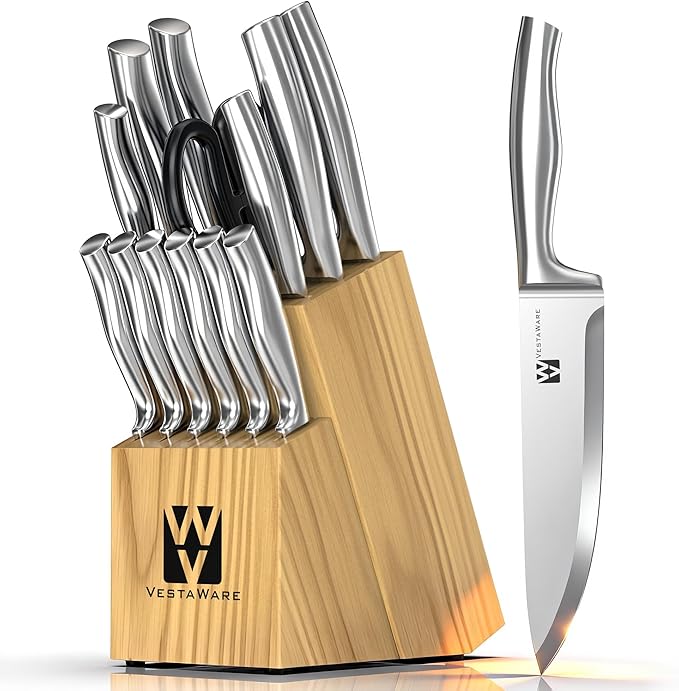 Knife Set, Knife Block Set Stainless Steel, Premium Knives Set For Kitchen, 14 Pieces Knife Set with Block, Dishwasher Safe, Ergonomic Handle, Natural Wooden Block, Gifts For Women