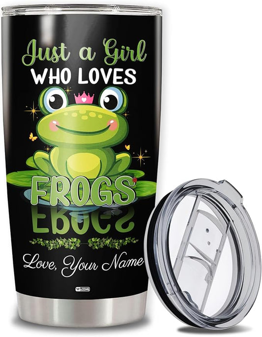 WAZONE Personalized Frogs Tumbler With Lid Custom Name Just A Girl Who Loves Frog Stainless Steel Vacuum Insulated 20oz 30oz Travel Mug Novelty Cup Gifts Birthday Christmas For Women Girls