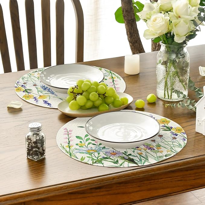 Artoid Mode Daisy Eucalyptus Lavender Floral Leaves Round Spring Placemats Set of 4, 14 Inch Summer Round Table Mats for Dining Decoration