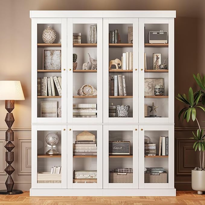 Vyre 70.8" Bookshelf with Glass Doors, Farmhouse Modular Bookcase with 6-Tier Adjustable Shelves, Large Storage Cabinet for Living Room & Home Office, Set of 4, White