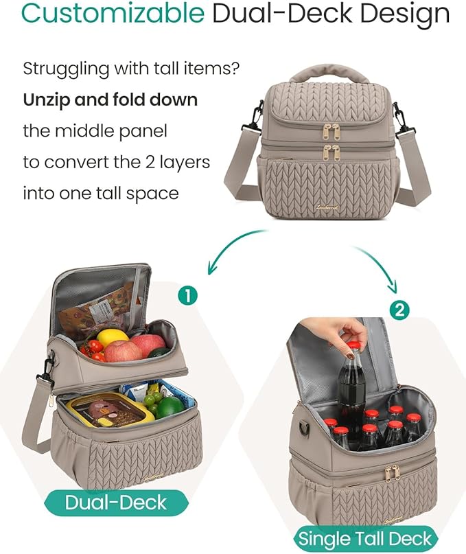LEADVENST Lunch Bag Women, Double Deck Insulated Lunch Box - Large Capacity 12L with Detachable Divider for Tall Items, Leakproof, Durable & Reusable Cooler Bag For Work Picnic Travel, Quilted Khaki
