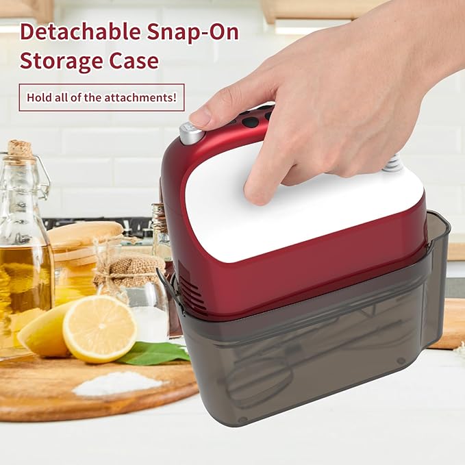 9-Speed Digital Hand Mixer Electric, 400W Powerful DC Motor, Baking Handheld with Snap-On Storage Case, 5 Stainless Steel Accessories, Flat Beaters, Dough Hooks, Whisk(Red/White)