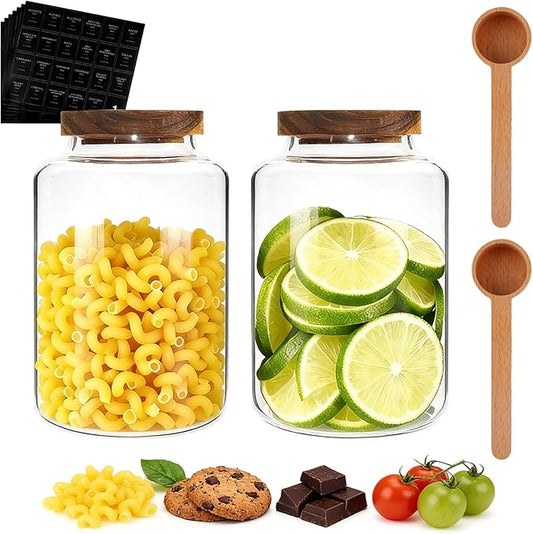 Glass Food Storage Jar with Lids Spoon Glass Coffee Canister Borosilicate Glass Food Containers for Ground Coffee Beans Nut Pasta Sugar Candy Spice Rice Tea (2000ml/67oz-2 Pack)