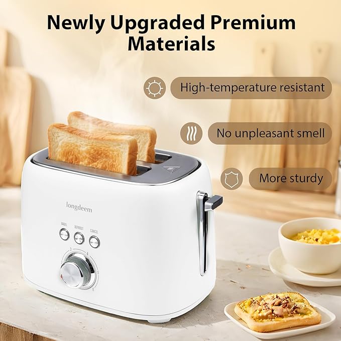 2 Slice Toaster - 1.5" Extra Wide Slots, Stainless Steel, High Lift, 6 Browning, White