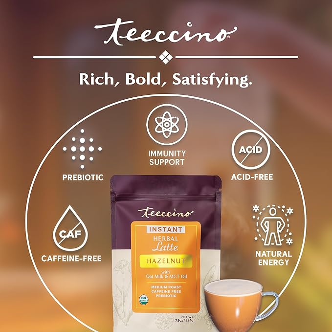 Teeccino Organic Instant Hazelnut Herbal Latte ??14 Servings ??Creamy Oat & Coconut Latte Plus MCT Oil with Buttery Hazelnuts & Dates Accenting Roasted Chicory ??Prebiotic, Caffeine-Free ??7.9 ounces