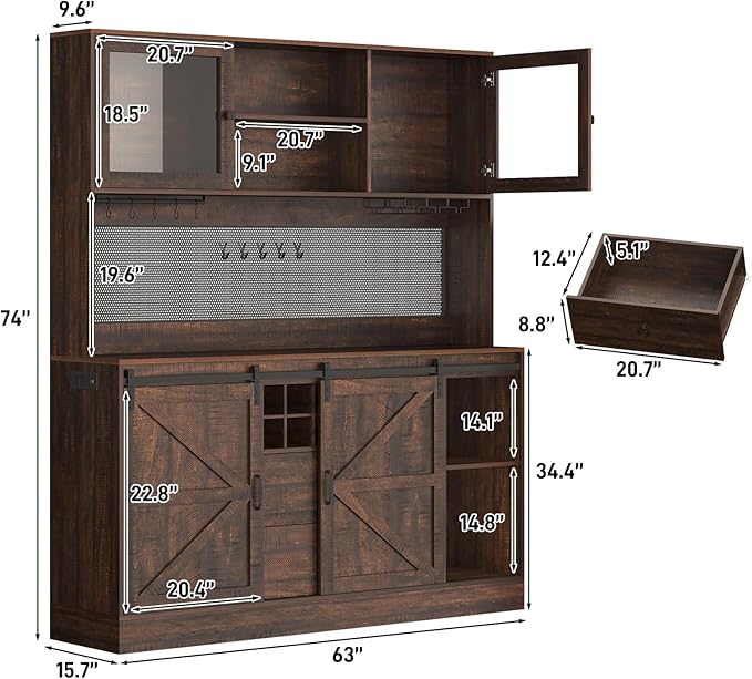 74" Tall 63" Wide Large Coffee Bar Cabinet w/ Outlet,6000-color LED Light,Pegboard,Farmhouse Hutch Cabinet w/Barn Door,2 Big Drawers,Adjustable Shelves,10 Wine & Glasses Rack,5 Hook for Kitchen,Brown