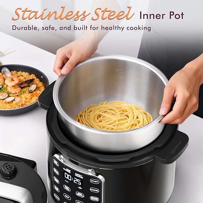 9-in-1 Electric Pressure Cooker 6 Quart Black, Stainless Steel Pot, 12 Preset Functions with Touchscreen, Safe Steam Release, Stew, Slow Cook, Rice, Saut챕, Warmer