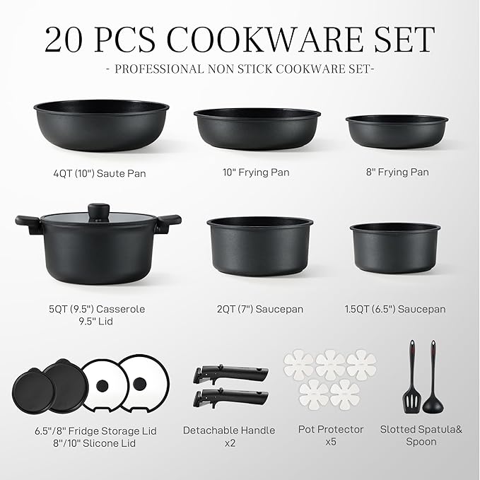CAROTE 20pcs Non Stick Pots and Pans Set with Temperature Spot, Detachable Handle Nonstick Cookware Set Black, Dishwasher/Oven Safe,RV Camping Cooking Set, Kitchen Pot and Pan Set