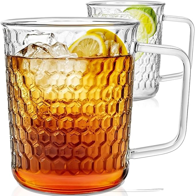 Aquach 20 Oz Glass Coffee Cups, Clear Tea Mugs with Handle, Microwave and Dishwasher Safe Home Office Drinking Mugs Perfect for Americano Cappuccino Hot&Cold Beverages, 2-Pack